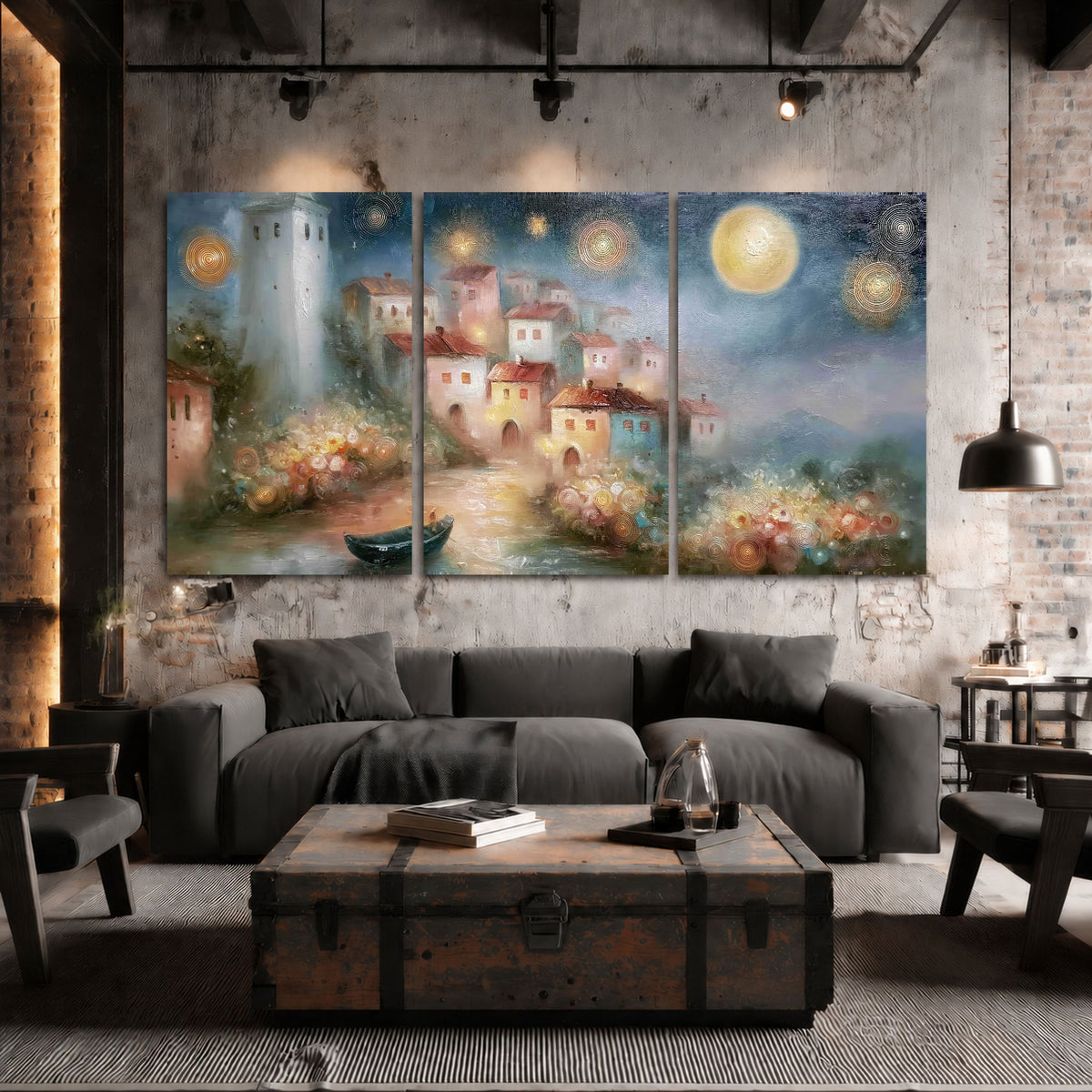 Moonlit village painting 3 piece canvas wall art in an industrial loft