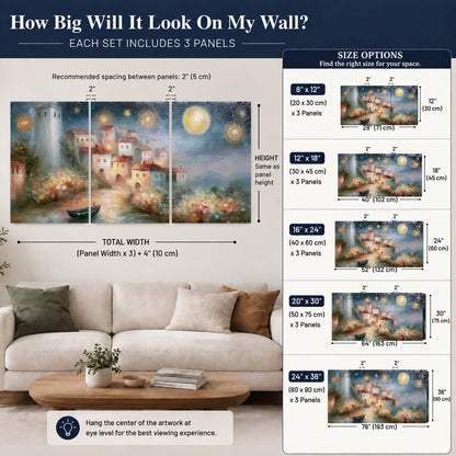 Moonlit village painting 3 piece canvas wall art size guide above a sofa