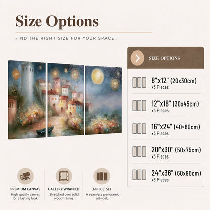 Moonlit village painting 3 piece canvas wall art size options