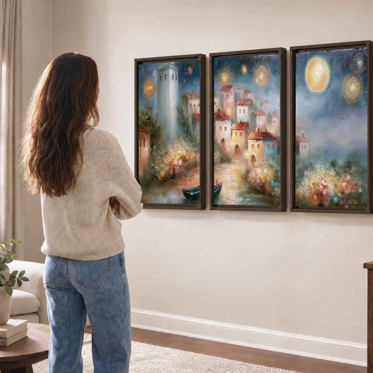 Moonlit village painting 3 piece framed canvas in a living room