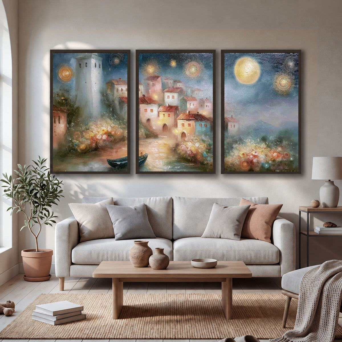 Moonlit village painting 3 piece framed canvas in a bright living room