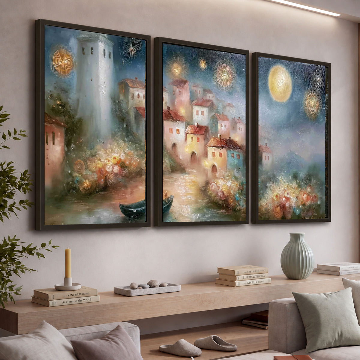 Moonlit village painting 3 piece framed canvas in a living room above a console