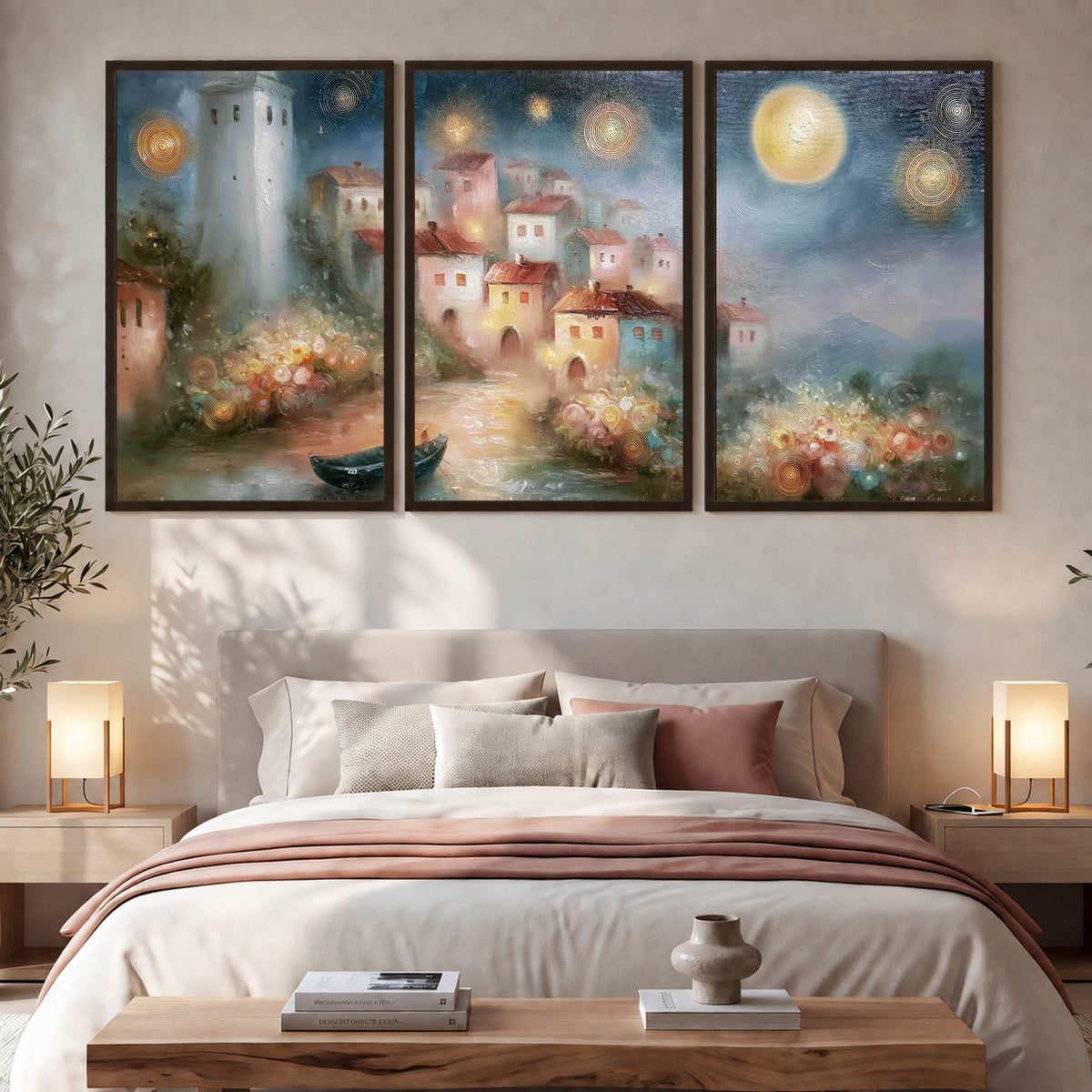 Moonlit village painting 3 piece framed canvas in a bedroom above the bed