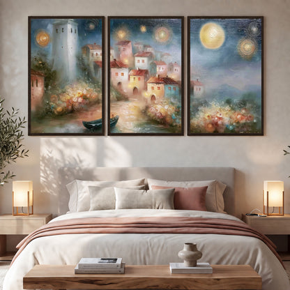 Moonlit village painting 3 piece framed canvas in a bedroom above the bed