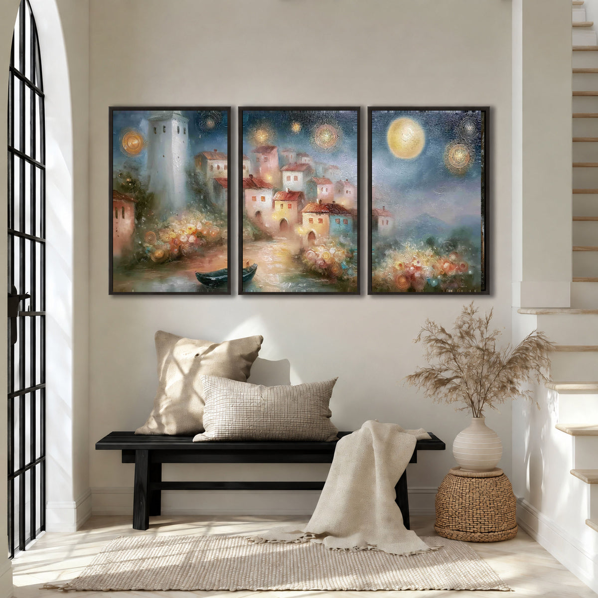Moonlit village painting 3 piece framed canvas in an entryway above a bench