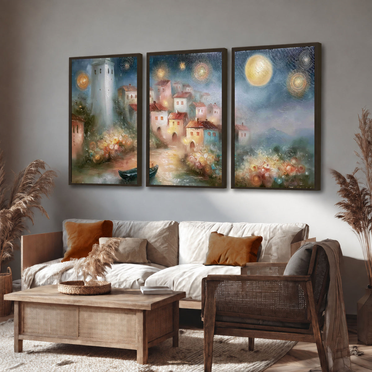 Moonlit village painting 3 piece framed canvas in a rustic living room