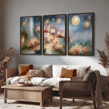 Moonlit village painting 3 piece framed canvas in a rustic living room