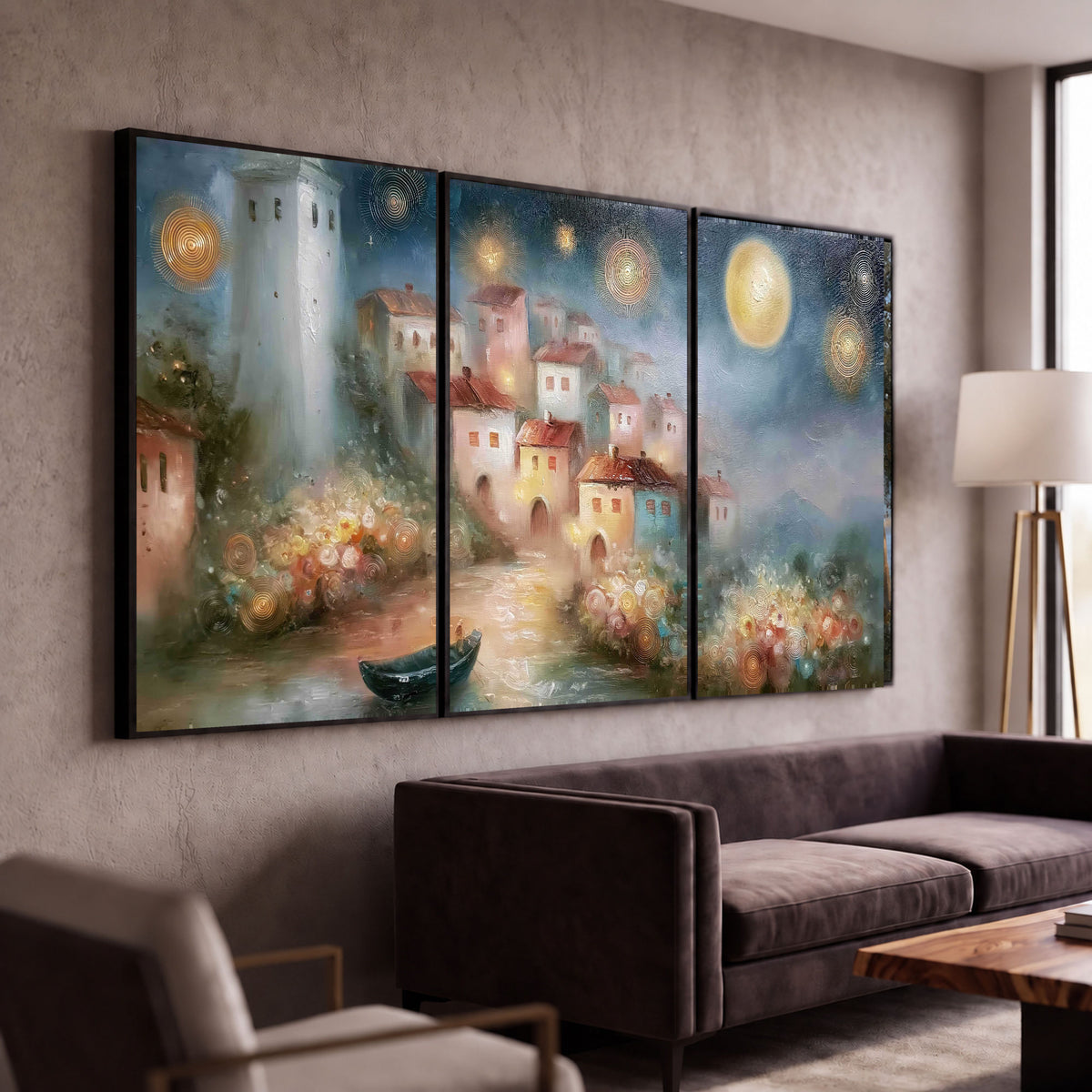 Moonlit village painting 3 piece framed canvas in a modern living room