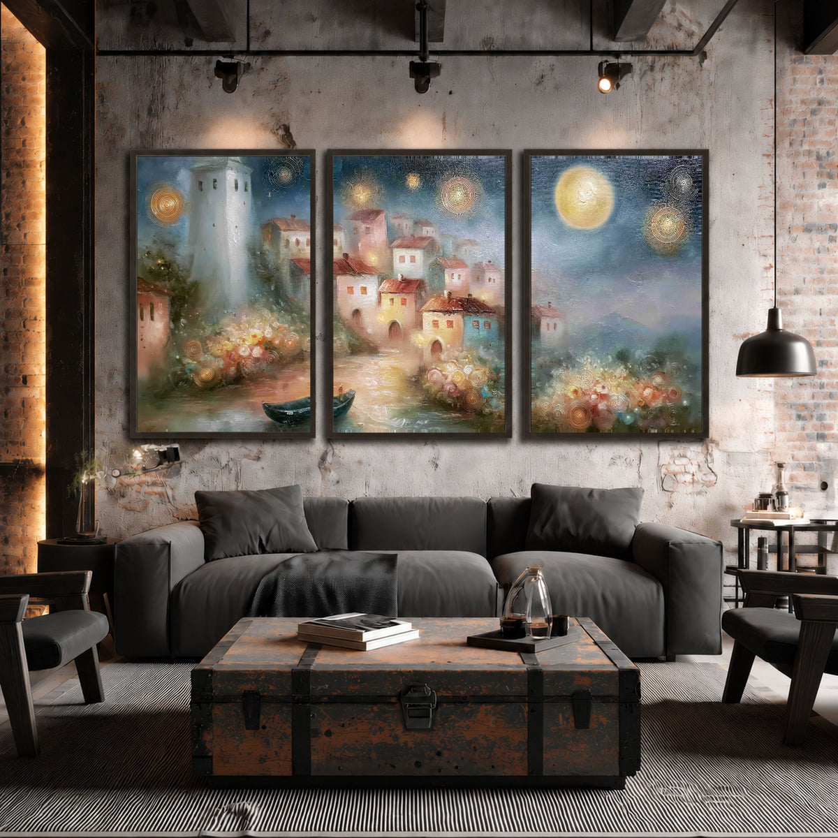 Moonlit village painting 3 piece framed canvas in an industrial loft
