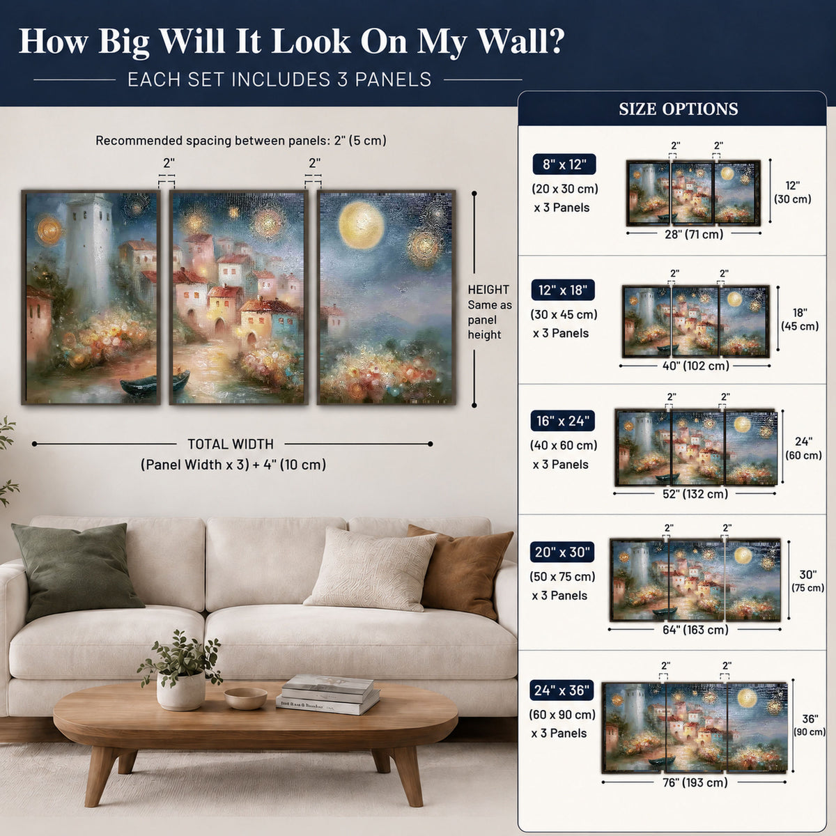 Moonlit village painting 3 piece framed canvas size guide above a sofa