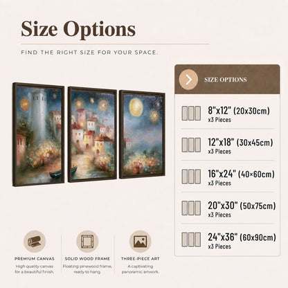 Moonlit village painting 3 piece framed canvas size options