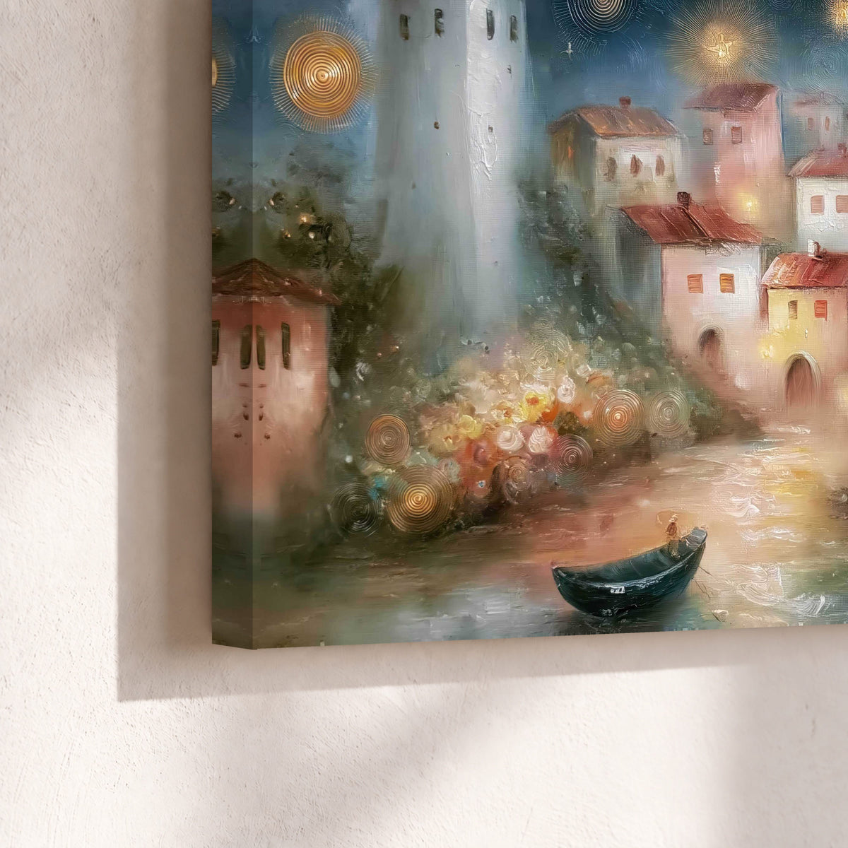 Moonlit village painting canvas print close-up showing the gallery-wrapped edge