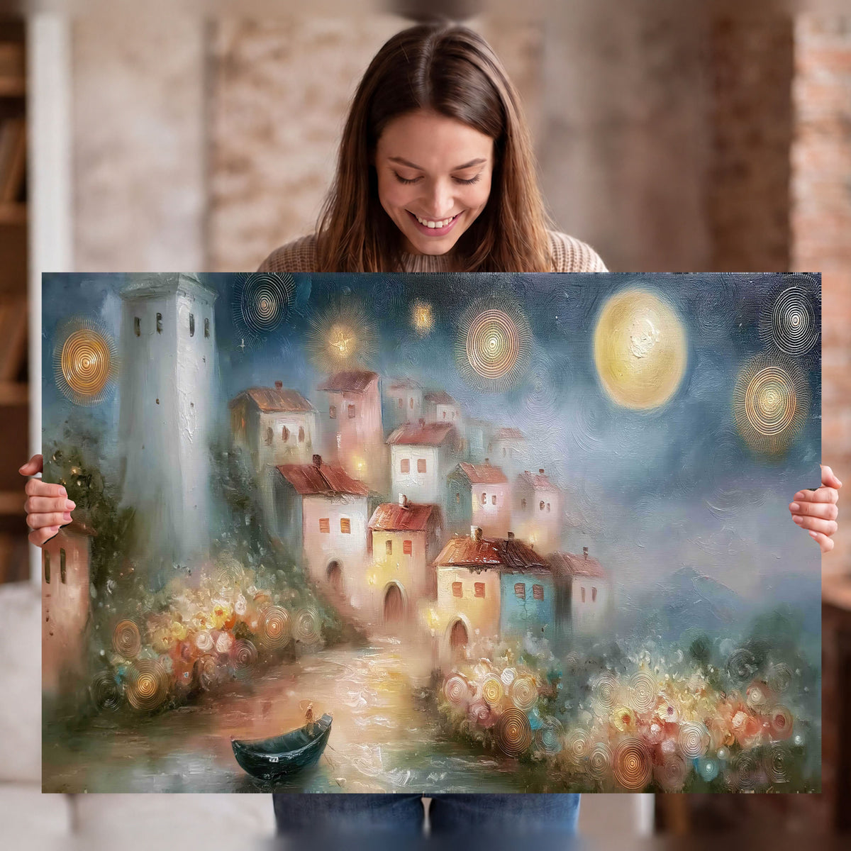 Moonlit village painting stretched canvas wall art held in hands