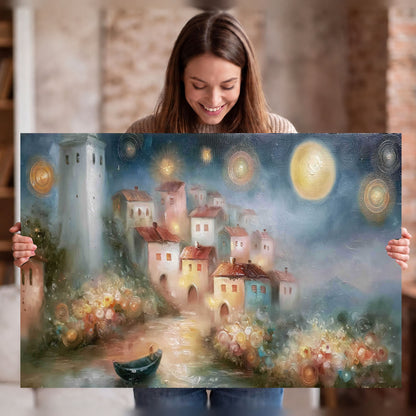 Moonlit village painting stretched canvas wall art held in hands