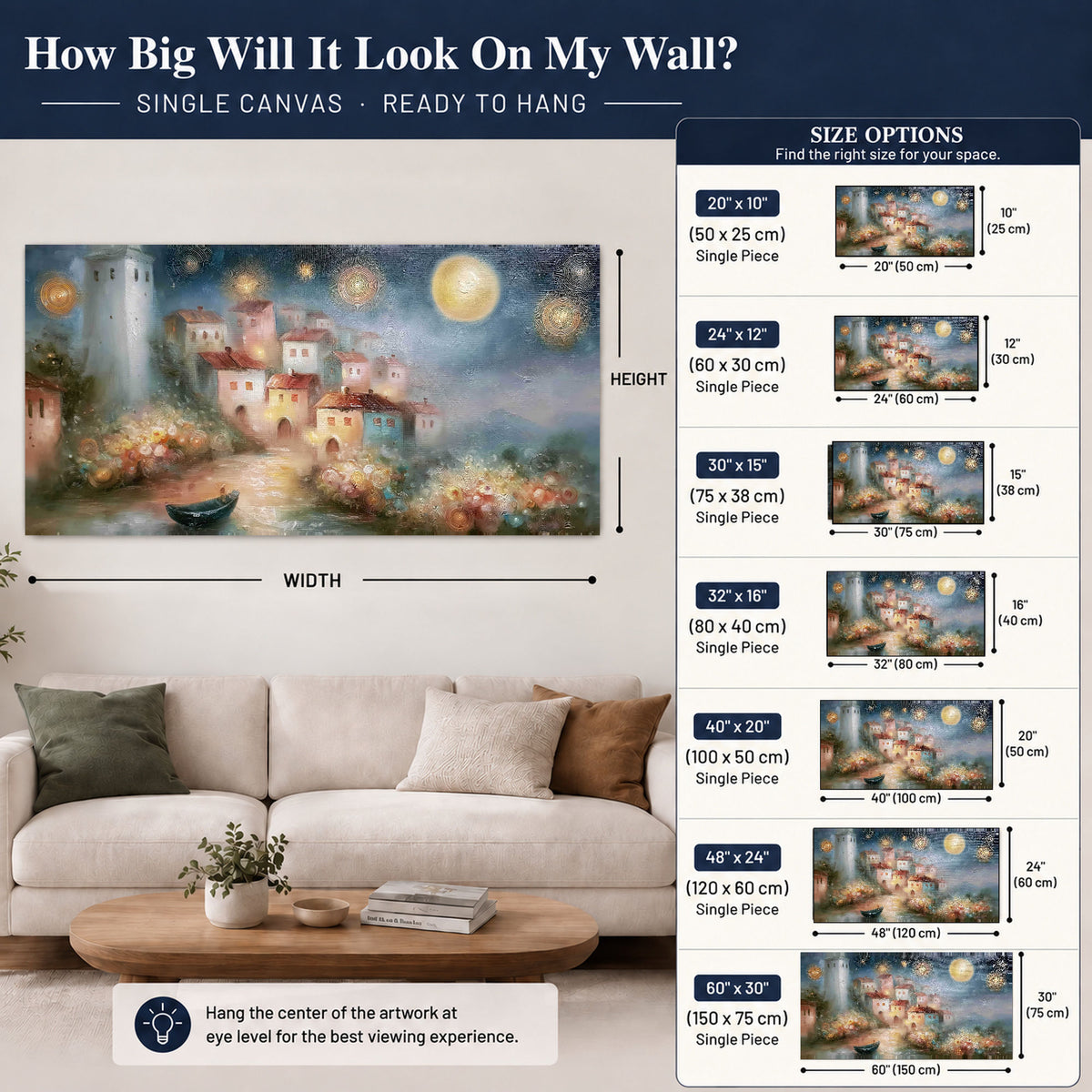 Moonlit village painting canvas wall art size guide above a sofa