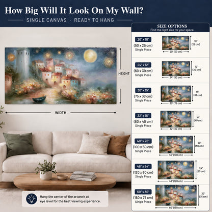 Moonlit village painting canvas wall art size guide above a sofa