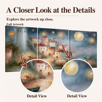 Moonlit village painting closer look at the details