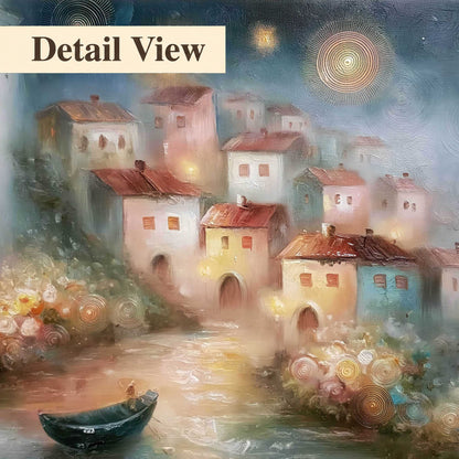 Moonlit village painting detail close-up