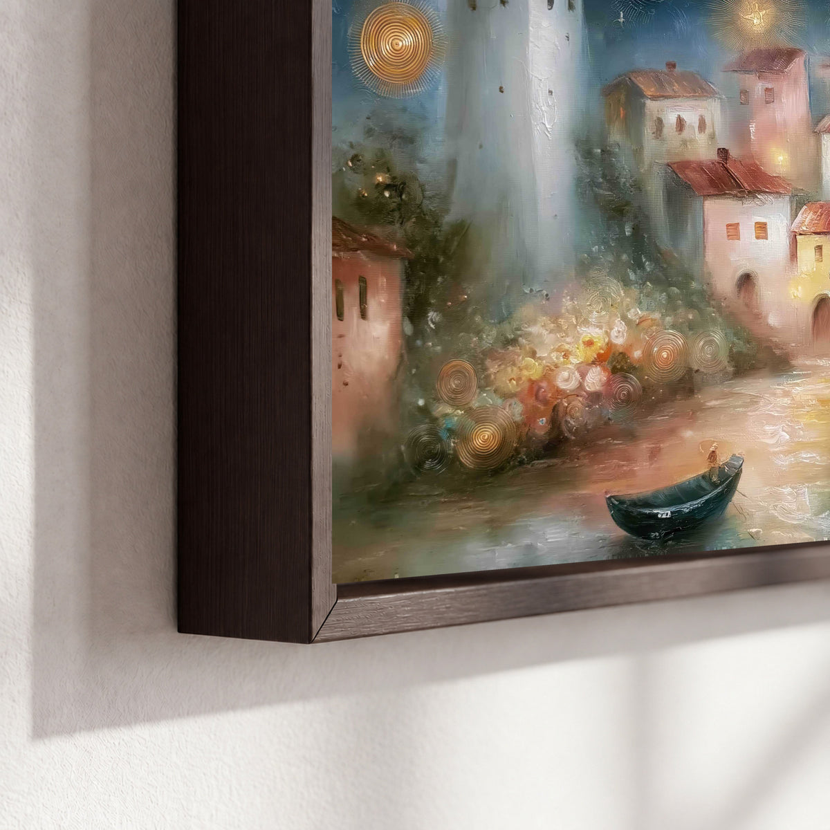 Moonlit village painting framed canvas close-up showing the floating frame