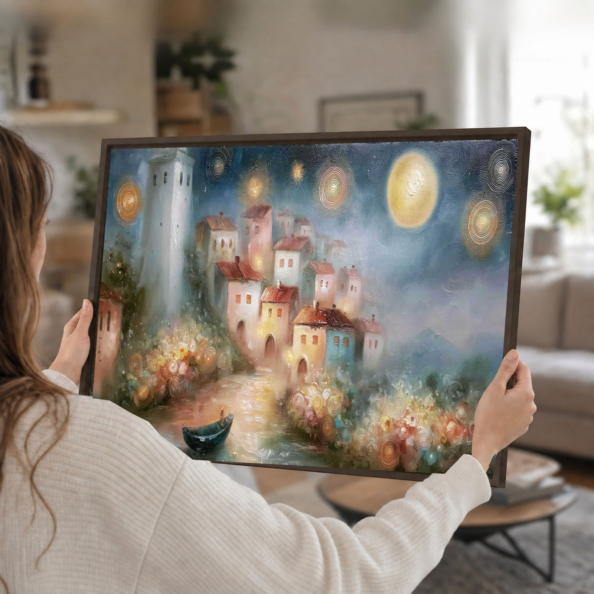 Moonlit village painting framed canvas wall art held in hands