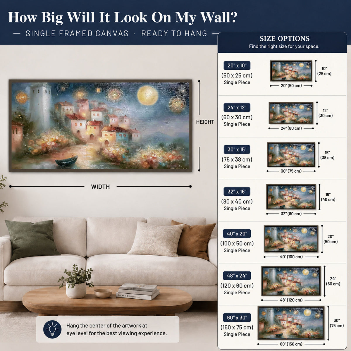 Moonlit village painting framed canvas wall art size guide above a sofa