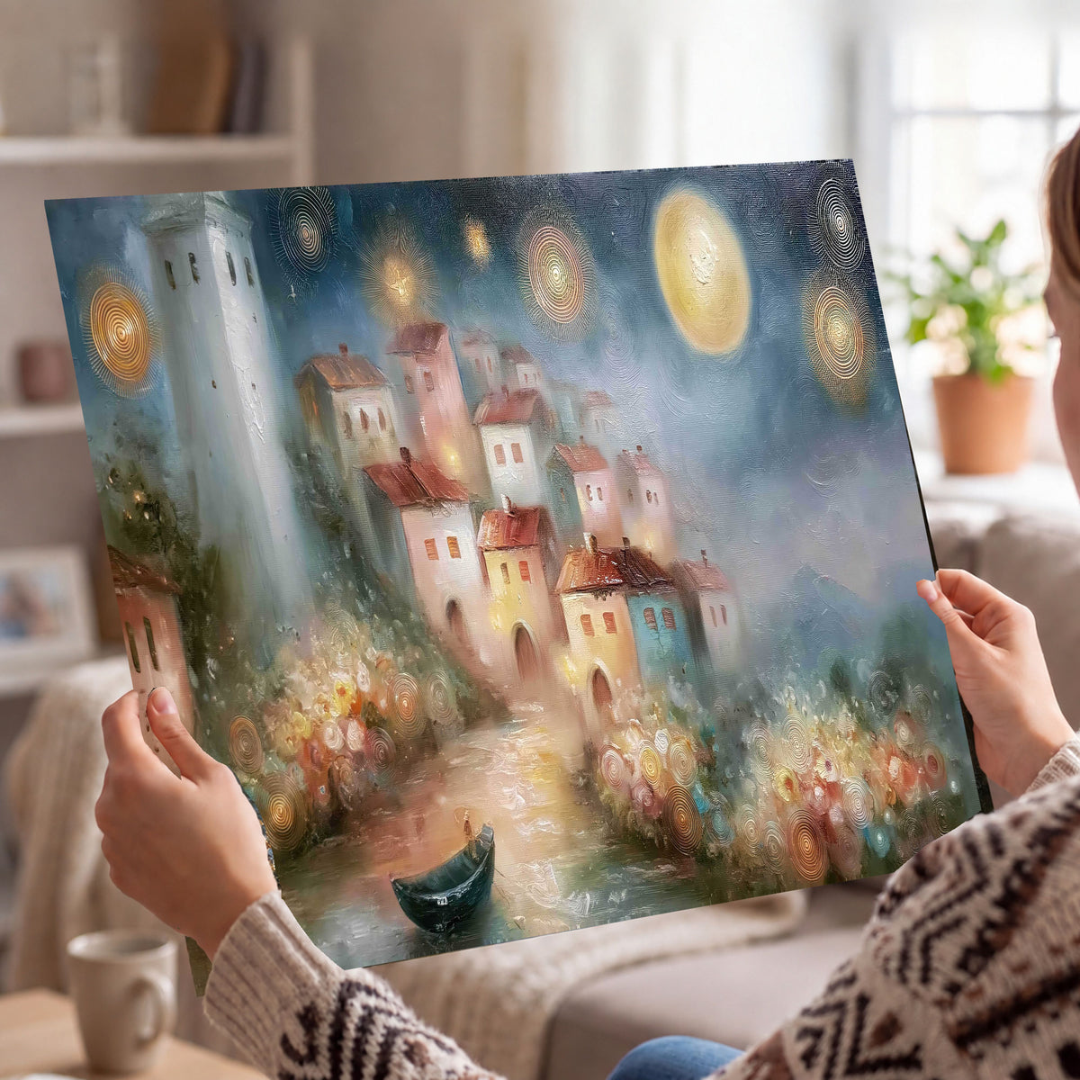 Moonlit village painting poster print held in hands