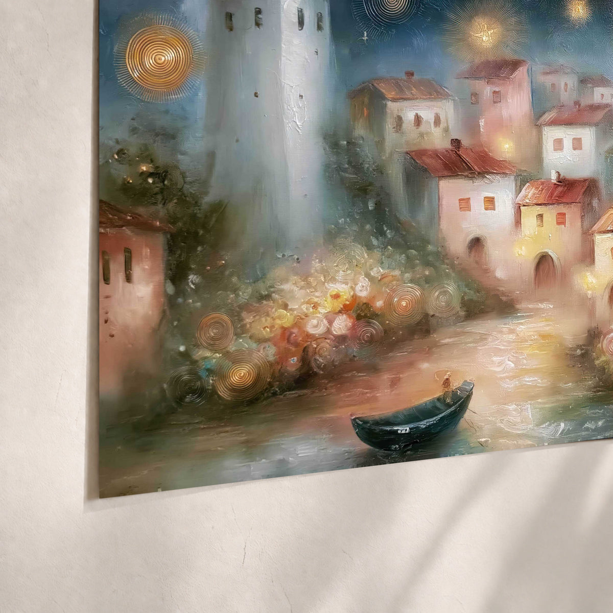 Moonlit village painting poster print close-up on matte paper