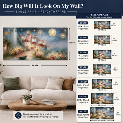 Moonlit village painting poster print size guide above a sofa