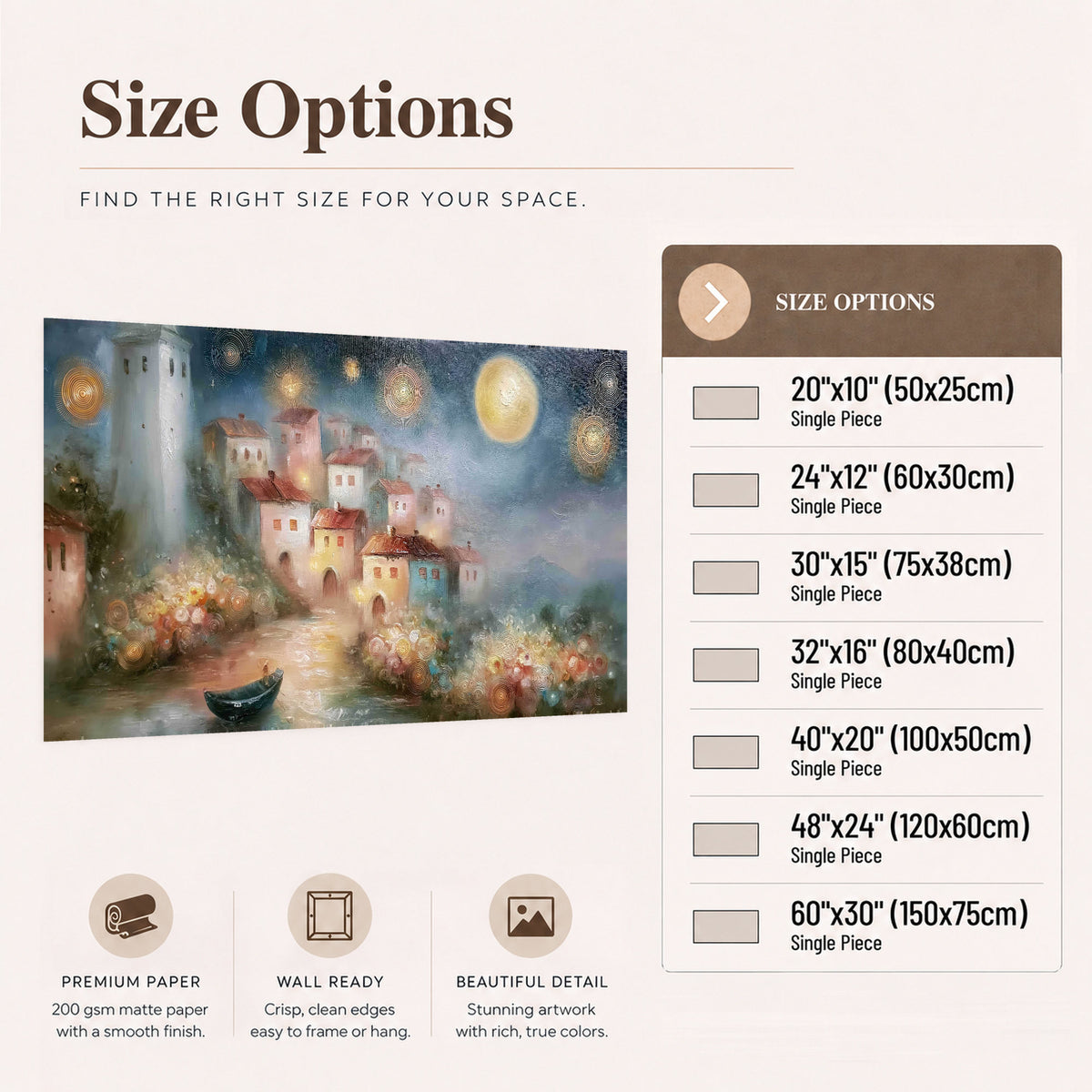 Moonlit village painting poster print size options