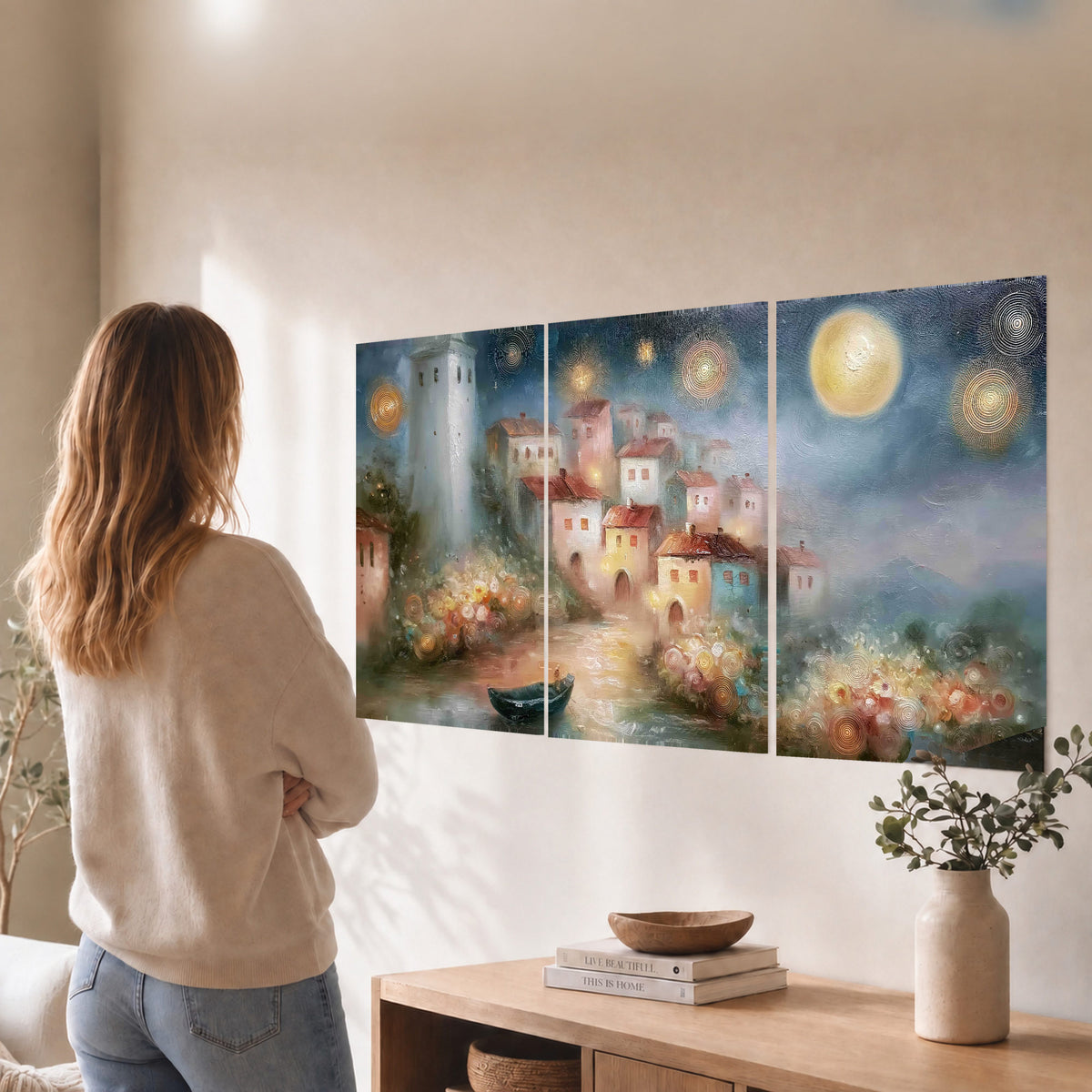 Moonlit village painting set of 3 poster prints in a living room