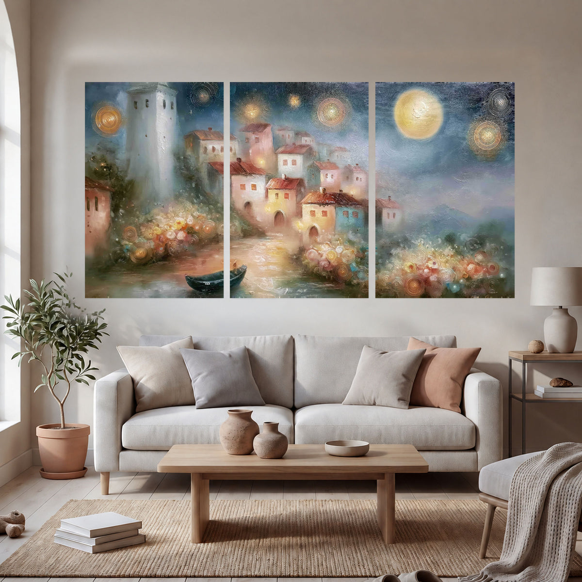 Moonlit village painting set of 3 poster prints in a bright living room