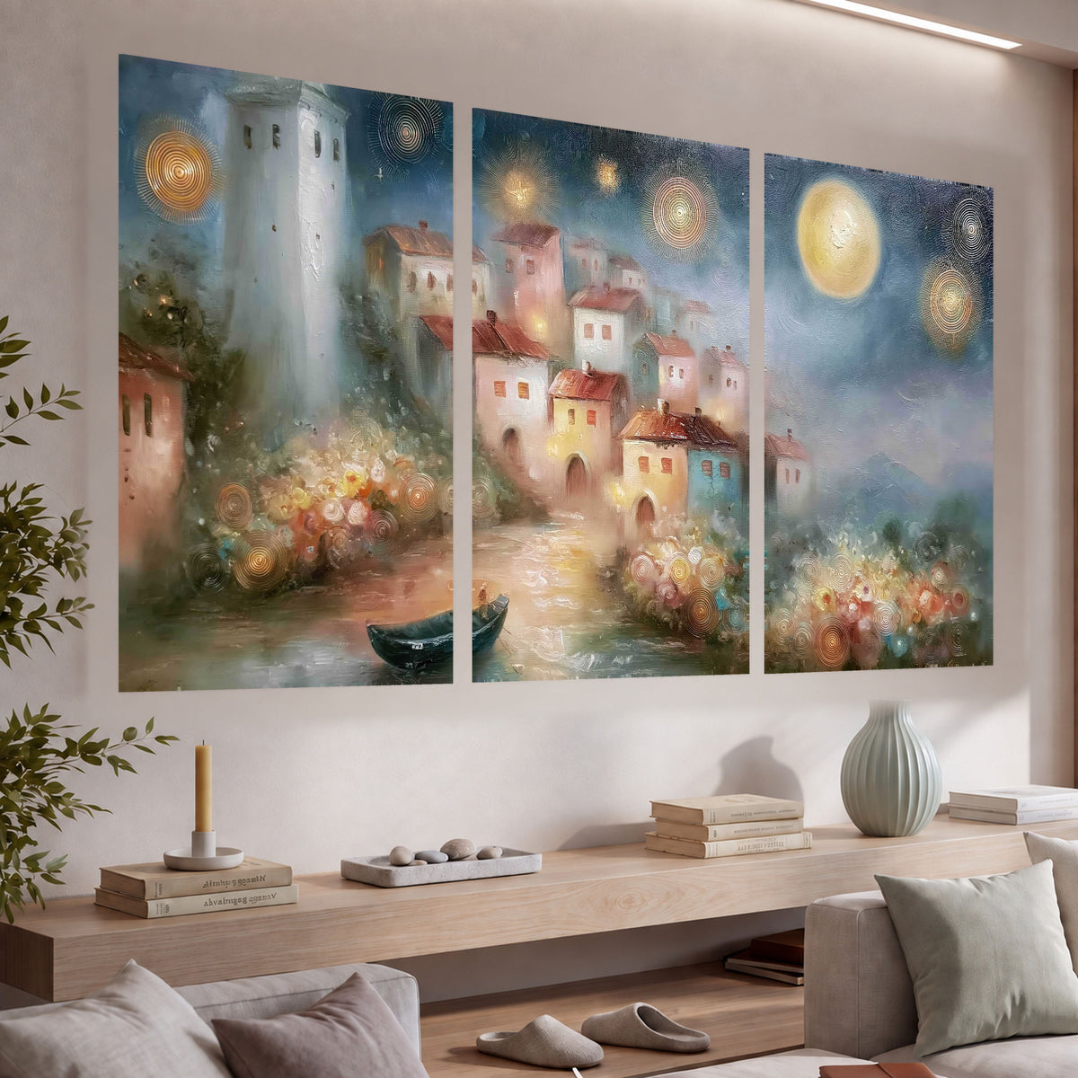 Moonlit village painting set of 3 poster prints in a living room above a console