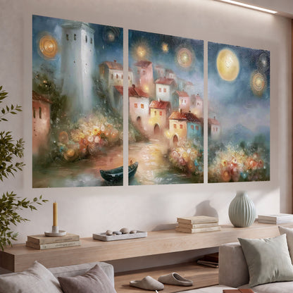 Moonlit village painting set of 3 poster prints in a living room above a console