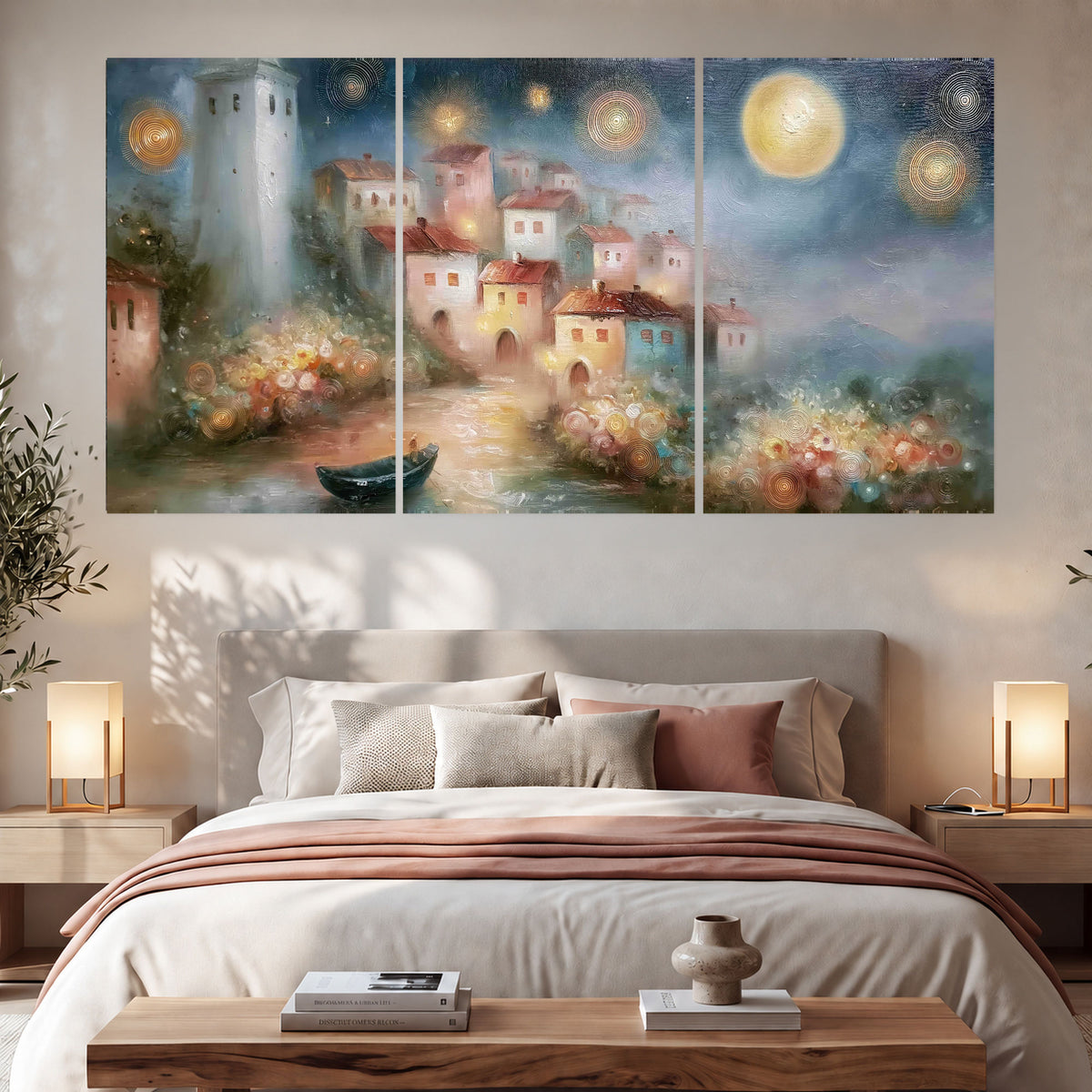 Moonlit village painting set of 3 poster prints in a bedroom above the bed