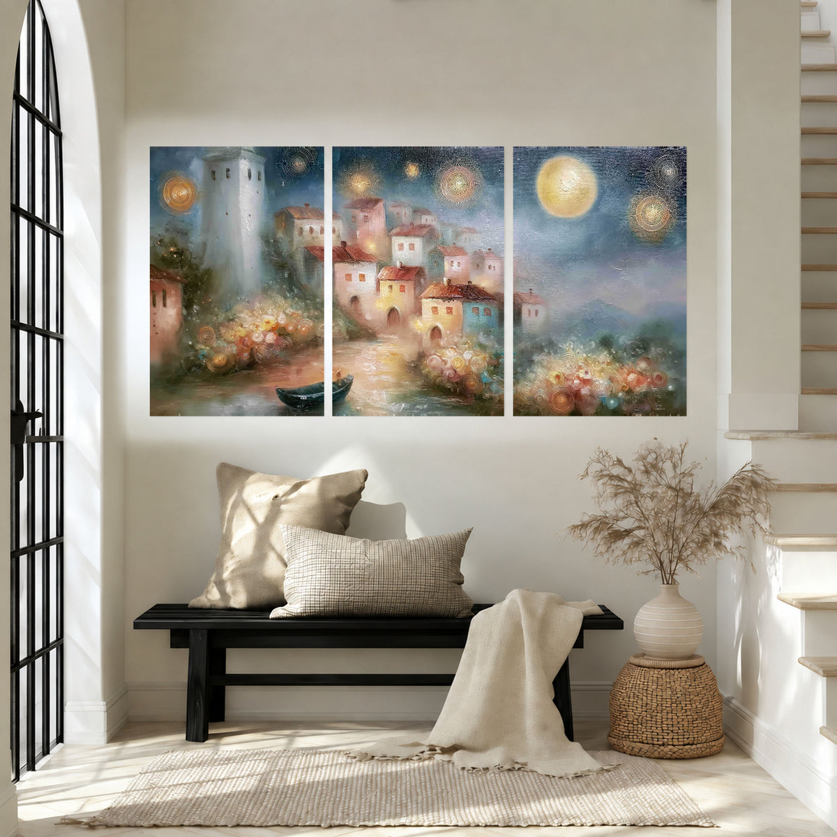 Moonlit village painting set of 3 poster prints in an entryway above a bench