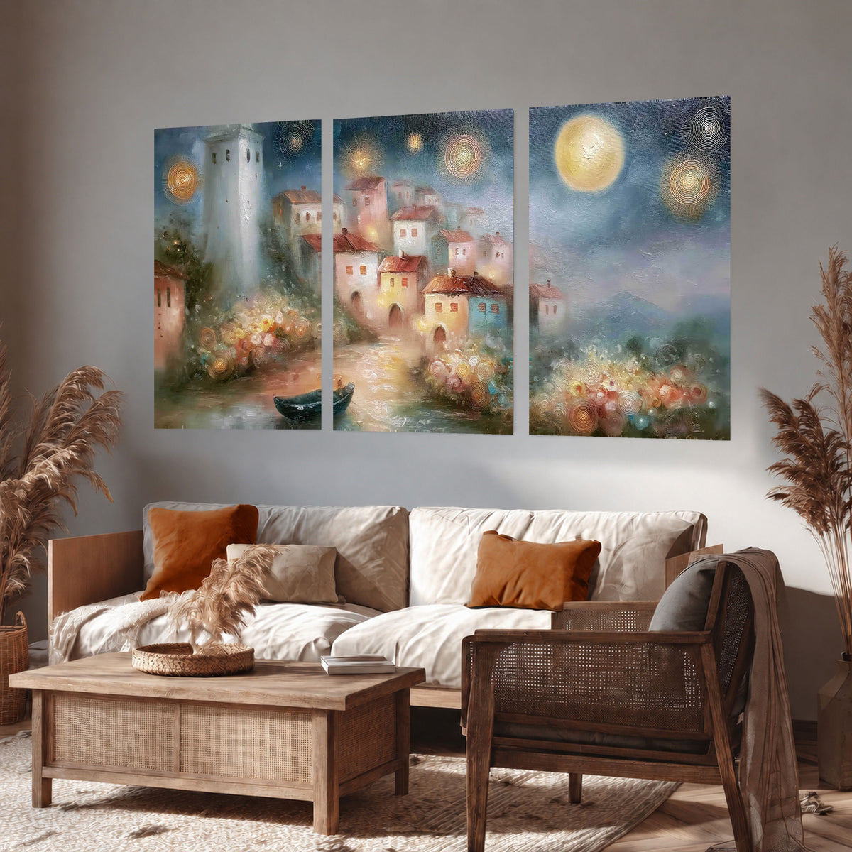 Moonlit village painting set of 3 poster prints in a rustic living room