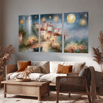 Moonlit village painting set of 3 poster prints in a rustic living room