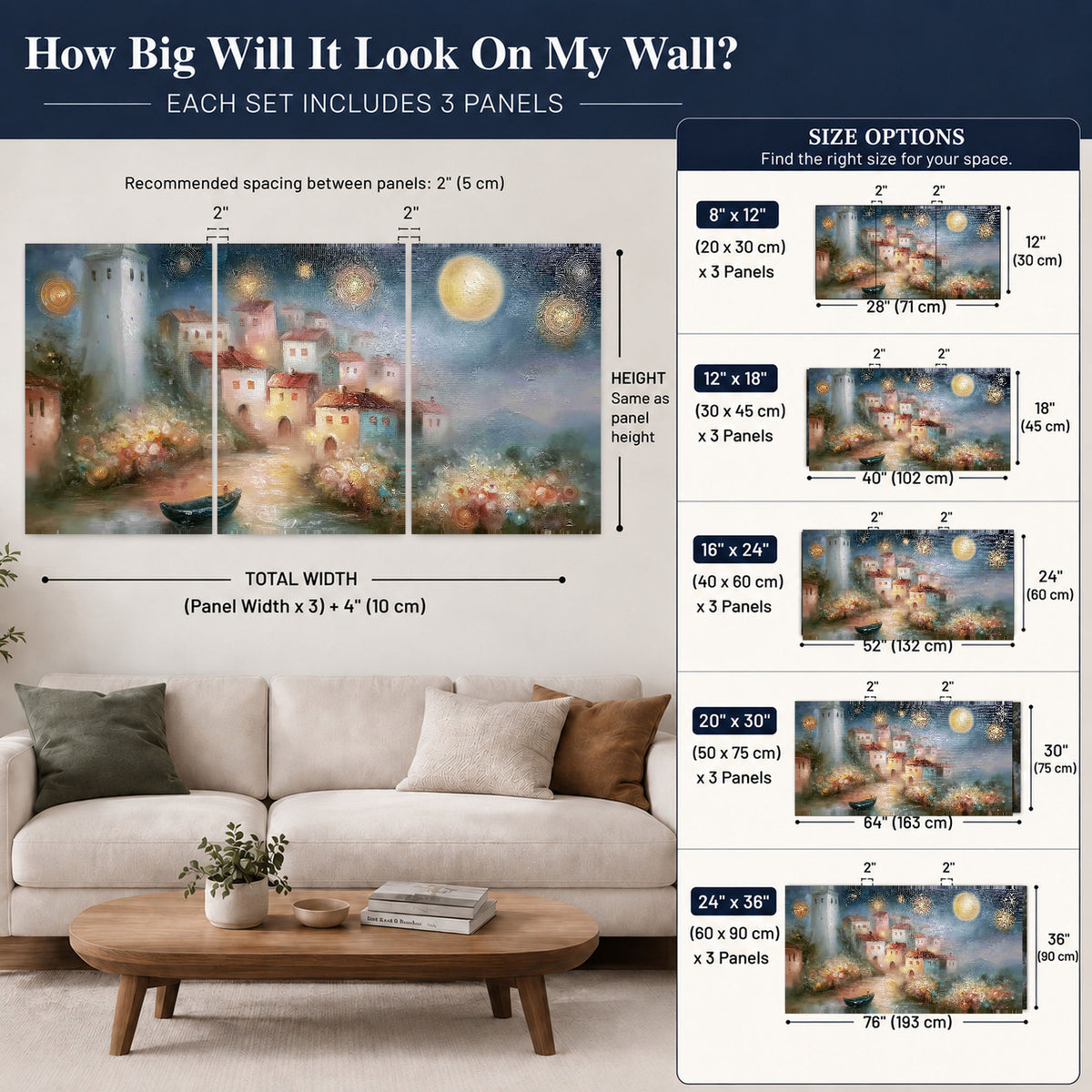 Moonlit village painting set of 3 poster prints size guide above a sofa