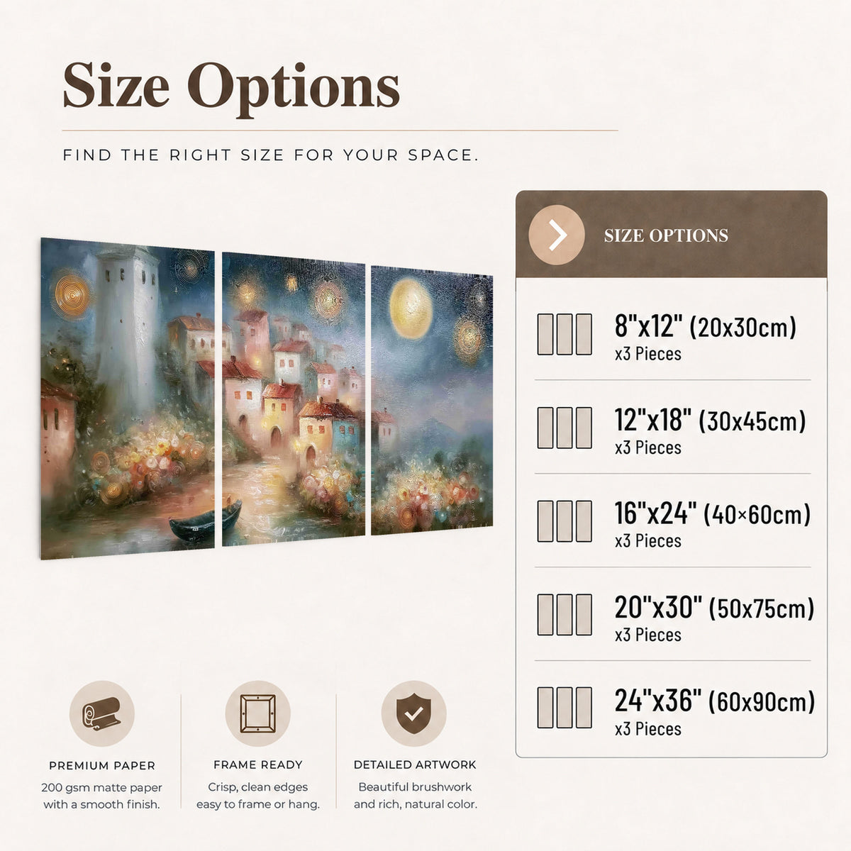 Moonlit village painting set of 3 poster prints size options