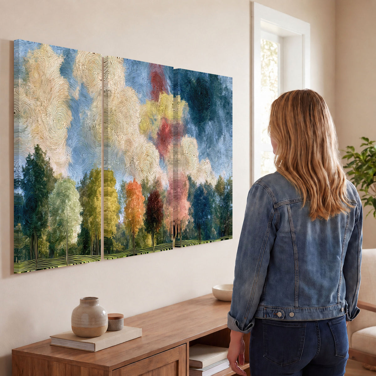 Swirling sky tree painting 3 piece canvas wall art in a living room