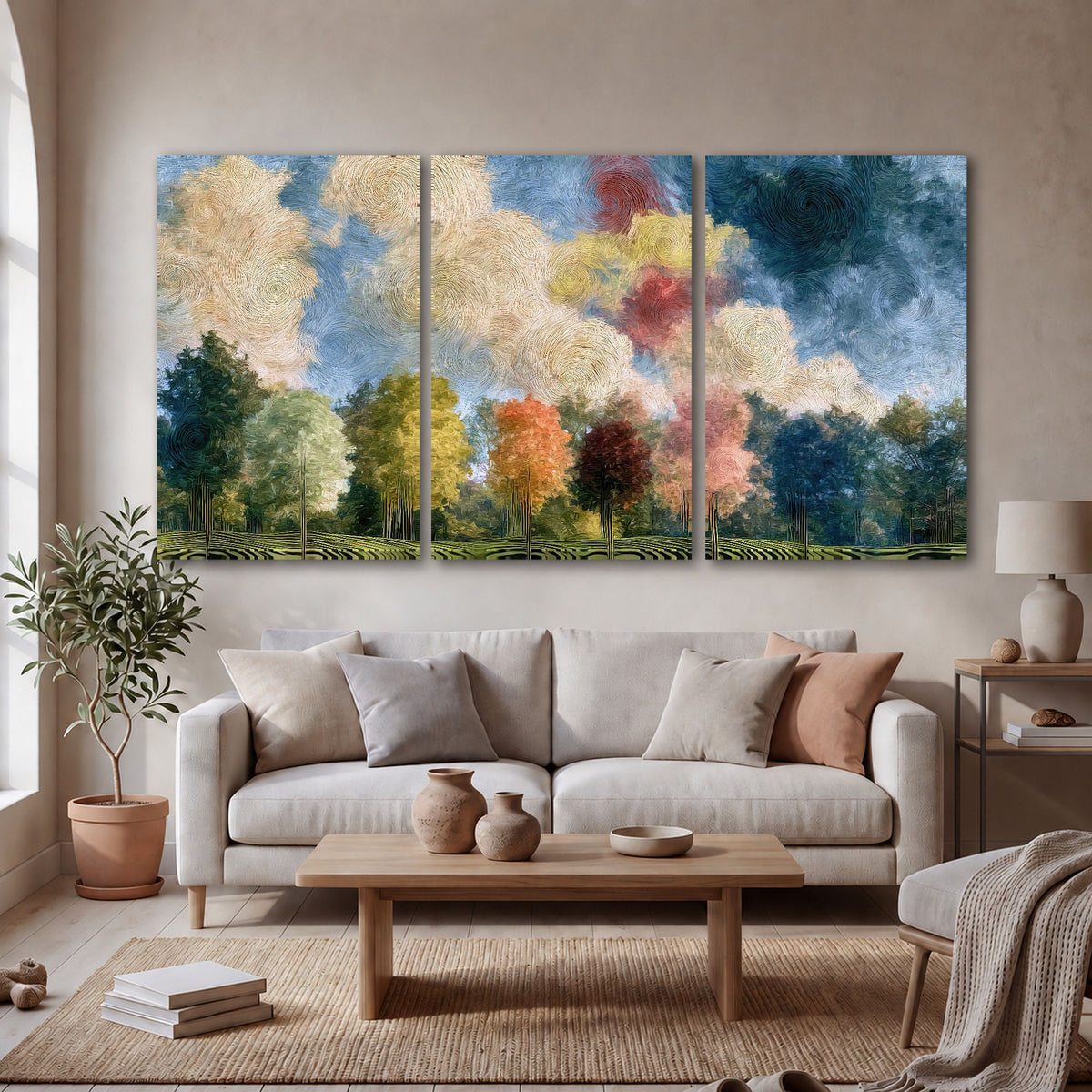 Swirling sky tree painting 3 piece canvas wall art in a bright living room