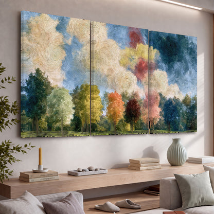 Swirling sky tree painting 3 piece canvas wall art in a living room above a console