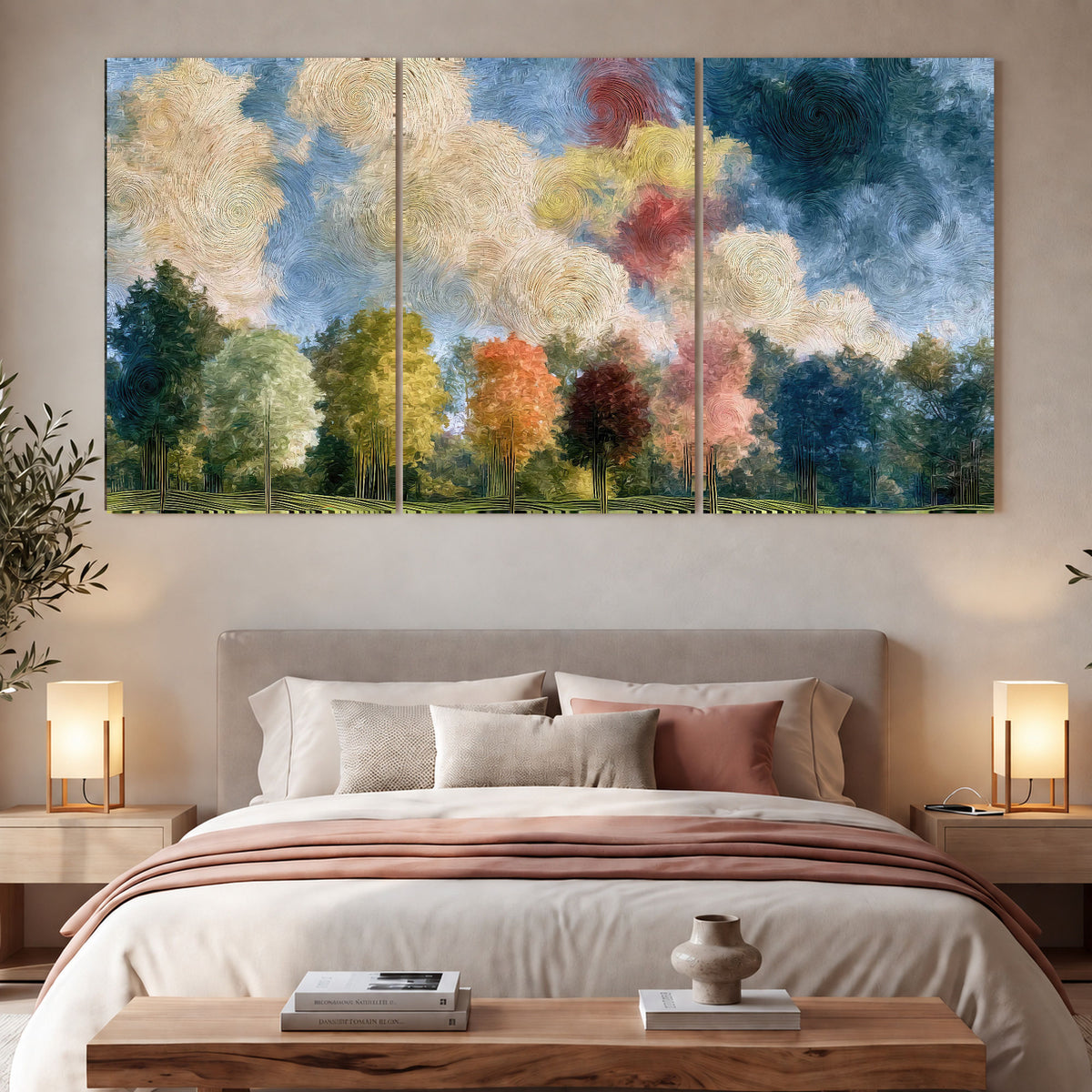 Swirling sky tree painting 3 piece canvas wall art in a bedroom above the bed
