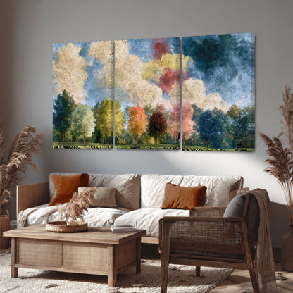 Swirling sky tree painting 3 piece canvas wall art in a rustic living room