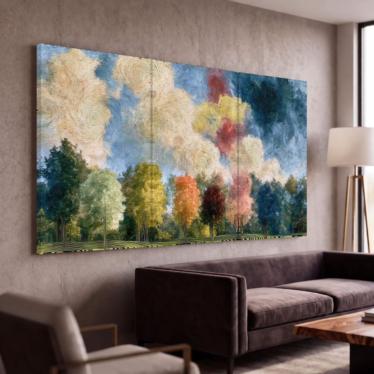 Swirling sky tree painting 3 piece canvas wall art in a modern living room