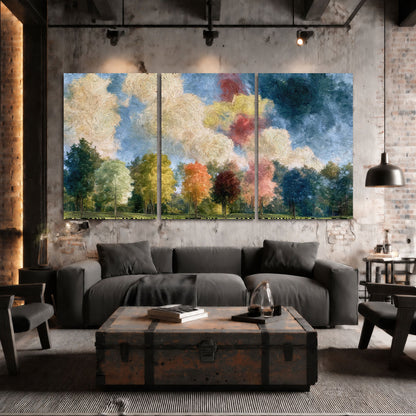 Swirling sky tree painting 3 piece canvas wall art in an industrial loft
