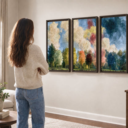 Swirling sky tree painting 3 piece framed canvas in a living room