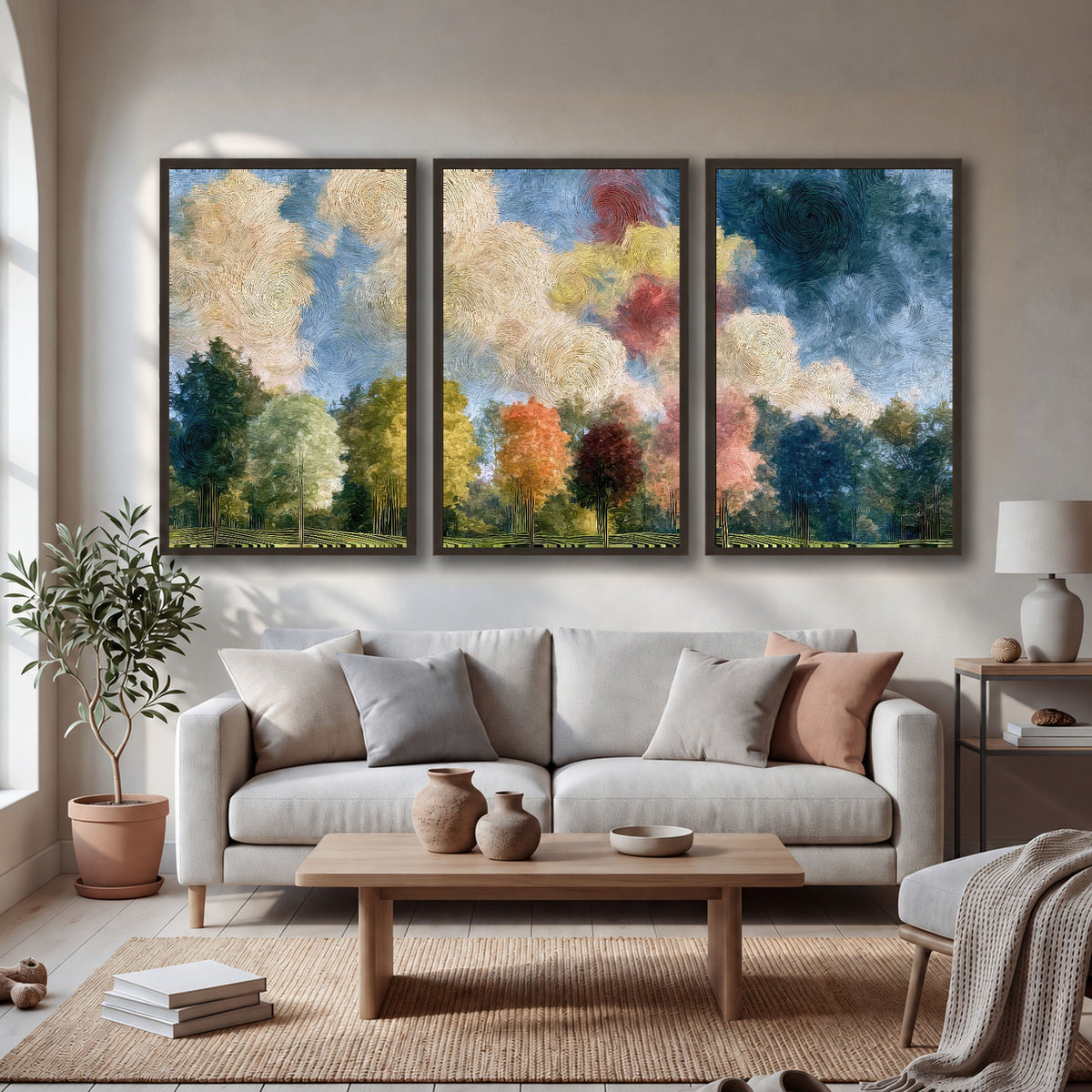 Swirling sky tree painting 3 piece framed canvas in a bright living room
