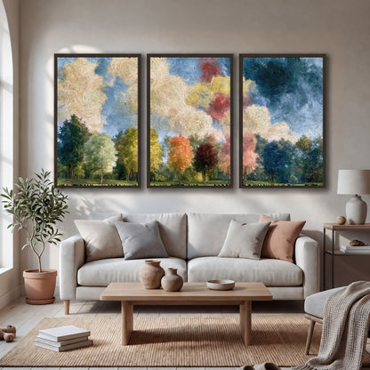 Swirling sky tree painting 3 piece framed canvas in a bright living room