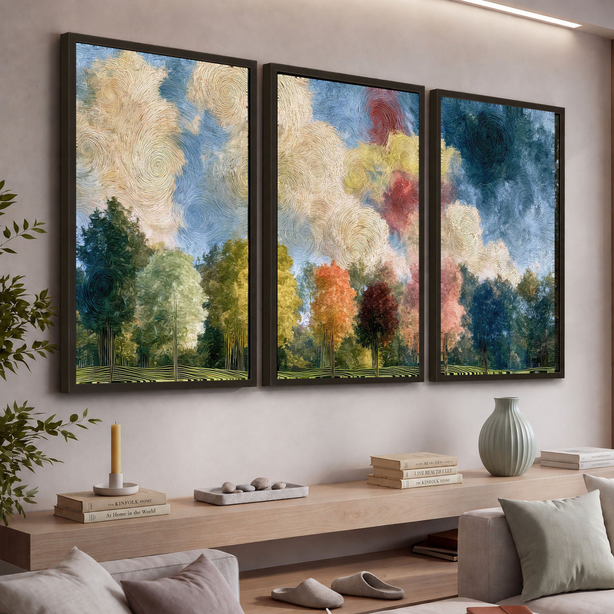 Swirling sky tree painting 3 piece framed canvas in a living room above a console
